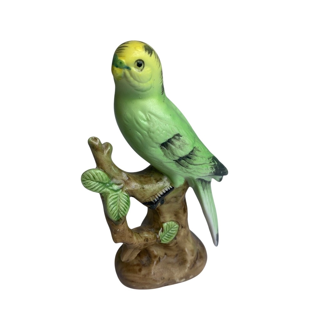 Vintage Porcelain Parakeet Figurine Green‎ Yellow Budgie Kitsch Cottagecore